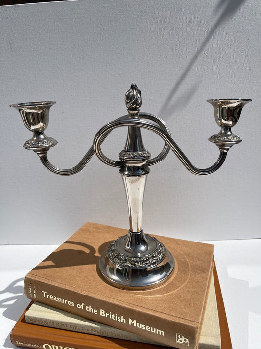 Antique silver plated double candelabra with elegant two-arm design, vintage candle holder for dining table or mantel, classic silver home decor, traditional centrepiece and timeless entertaining accessory.