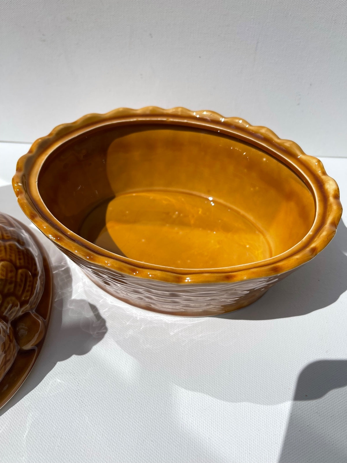 Vintage 1960s honey glaze ceramic hen on nest with lidded egg holder design, rustic farmhouse kitchen storage, cottagecore chicken pottery, collectible vintage ceramic container and charming country home decor.