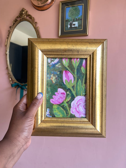 Vintage gold framed pink floral oil painting wall decor art