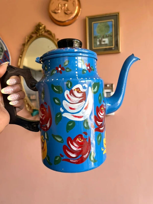 Vintage handpainted enamelled decorative blue kettle folk art floral pattern