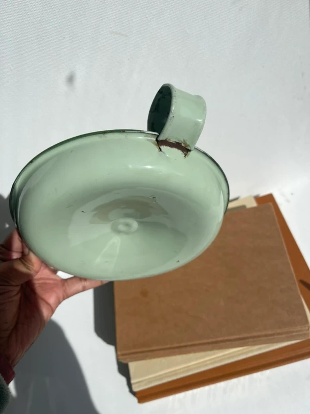 Vintage French green enamel candleholder chamberstick candle stick holder