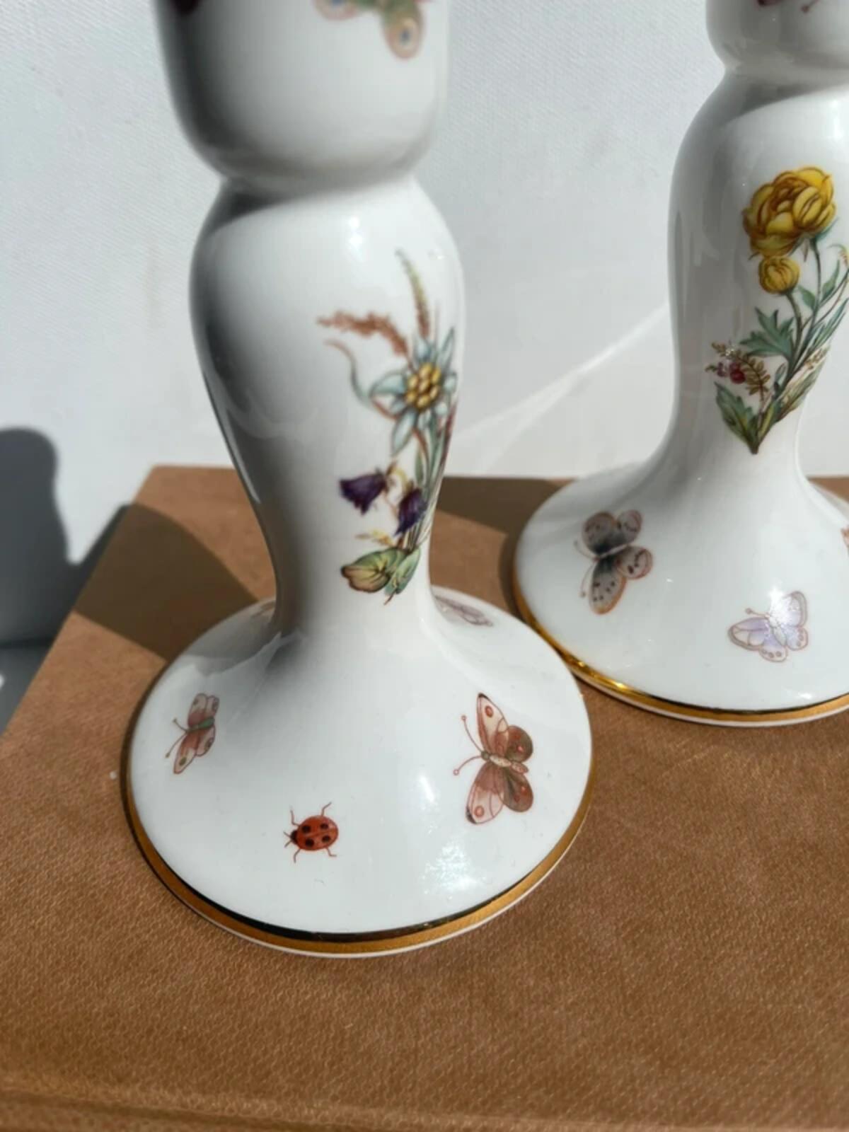 John Jenkins Fine Bone China Candle Holders - Floral Butterfly Design Gold Trim