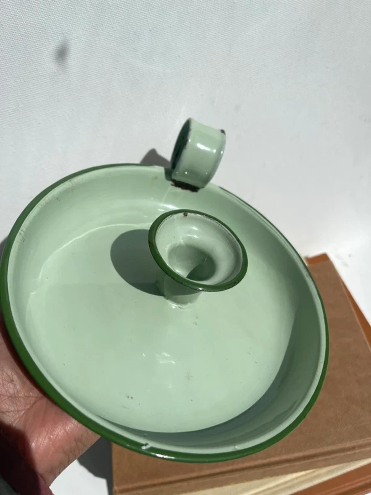Vintage French green enamel candleholder chamberstick candle stick holder