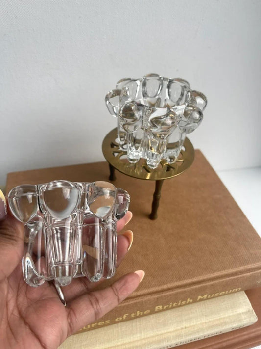 Set of 2 vintage Reims bubble glass candle holders made in France, clear glass taper and tealight candle holders, mid-century modern home decor, elegant French glassware for dining table or mantel display.