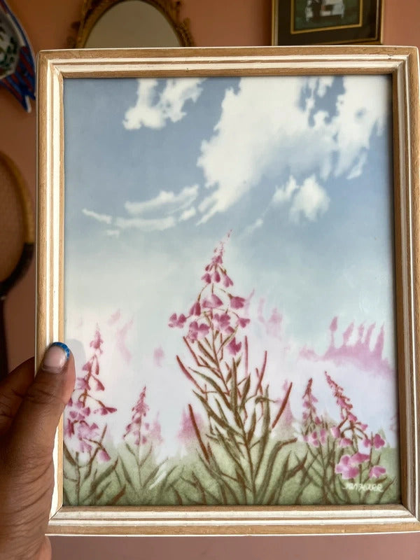 Vintage Porsgrund porcelain art tile by Jan Harr with floral design, Norwegian ceramic wall plaque, Scandinavian home decor, framed botanical artwork, Mid Century Modern wall art and collectible Nordic pottery.