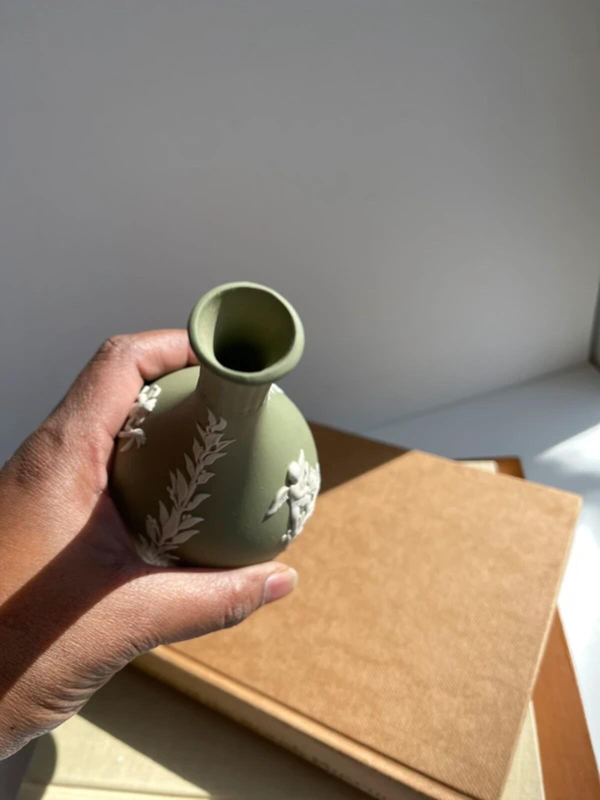 Vintage Wedgwood sage green Cherubs Cylinder Vase