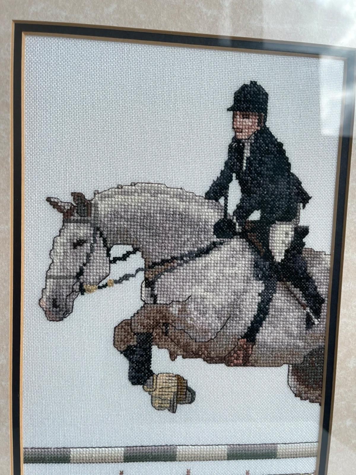 Vintage 1990s cross stitch equestrian design horse jumping wall art