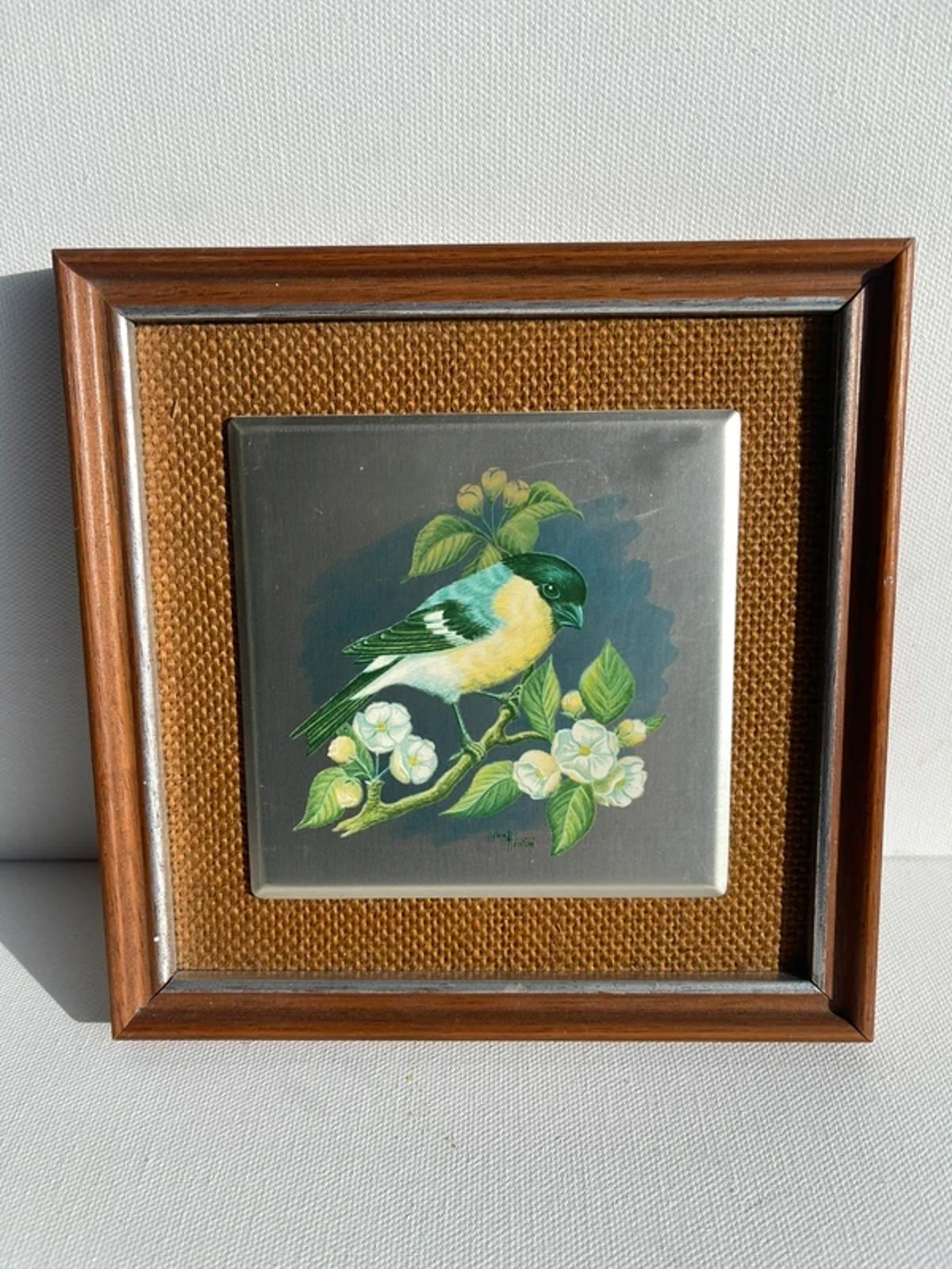 Vintage aluminium tiled handpainted bird in frame