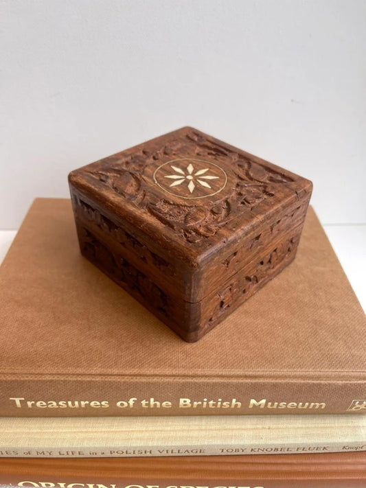 Vintage Indian rosewood hand carved box with inlay