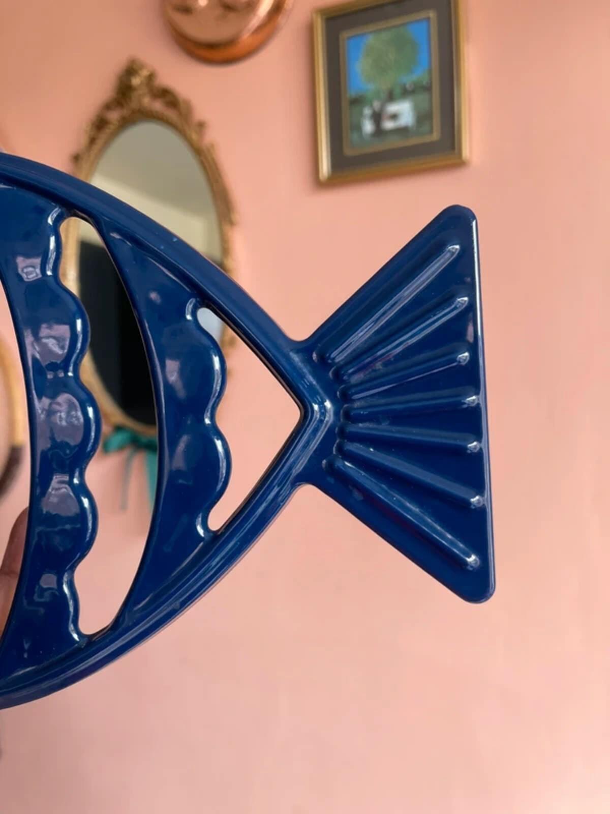 Vintage large fish trivet pot stand dark blue navy trivet kitchenware