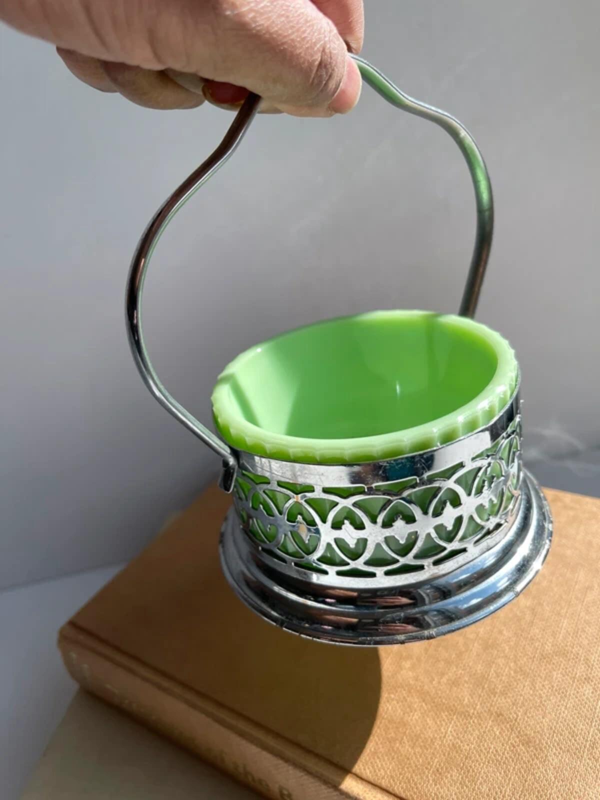Vintage mint green Milk Glass Preserve Pot: Lucite Flower Lid, 1950s