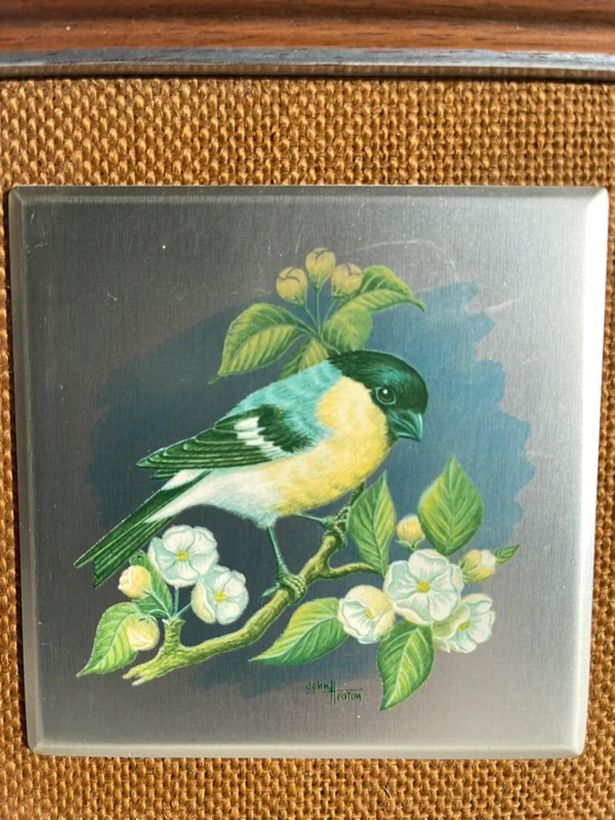 Vintage aluminium tiled handpainted bird in frame