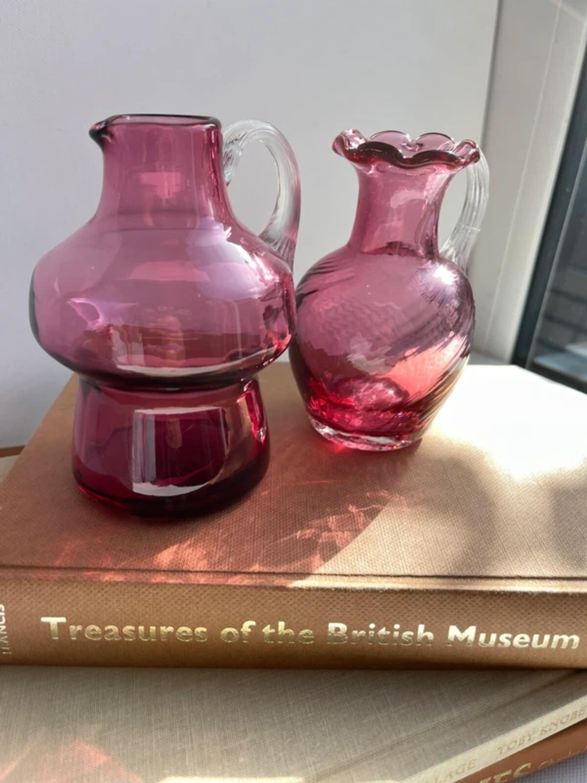 2 Vintage small hand blown cranberry glass jugs bud vases