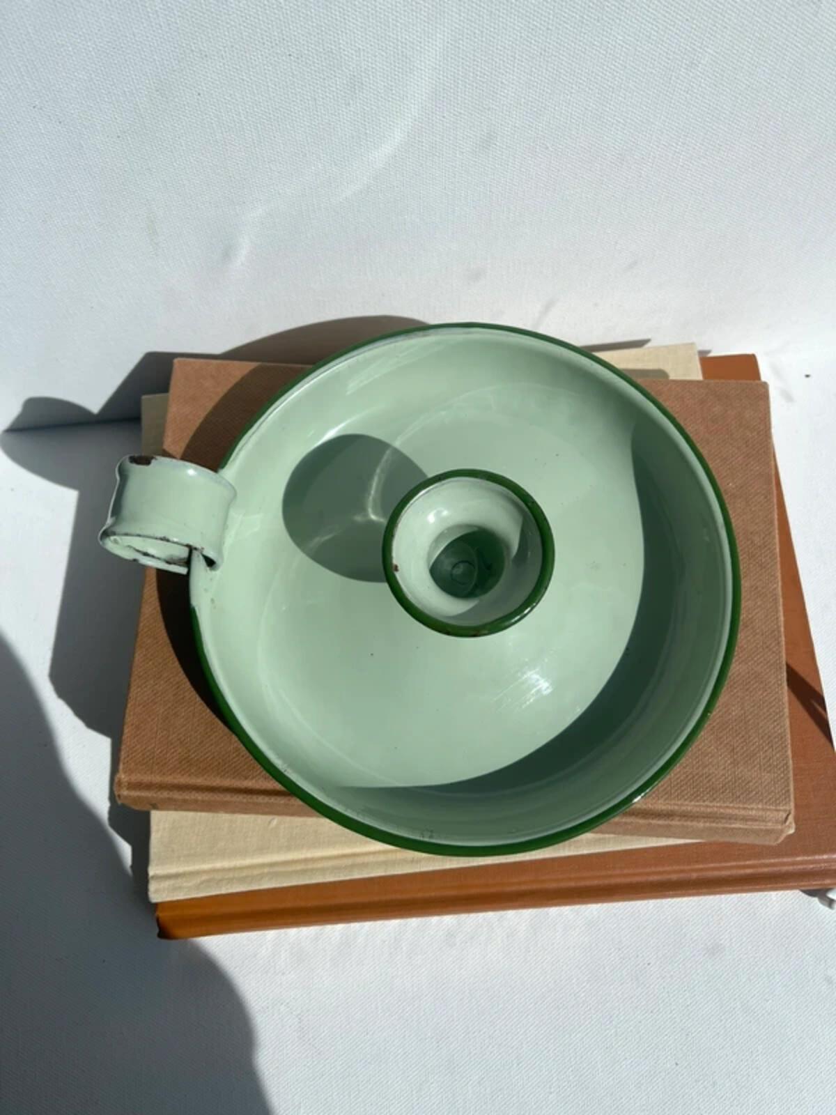 Vintage French green enamel candleholder chamberstick candle stick holder