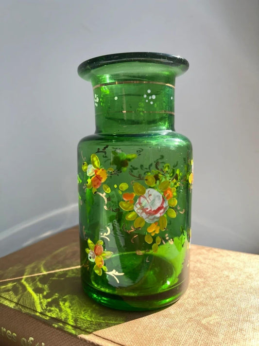 Vintage hand blown green glass hand painted florals