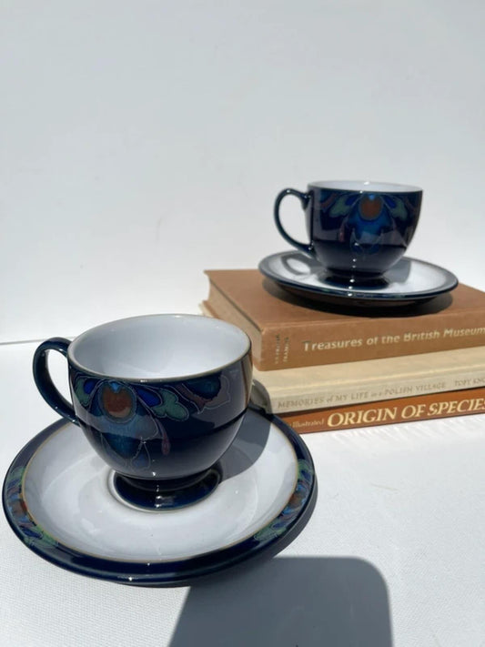 Set of 2 vintage Denby Baroque footed tea cups and saucers, handcrafted English stoneware tea set, blue floral design, mid-century inspired tableware, collectible Denby pottery for cottagecore and retro home decor.