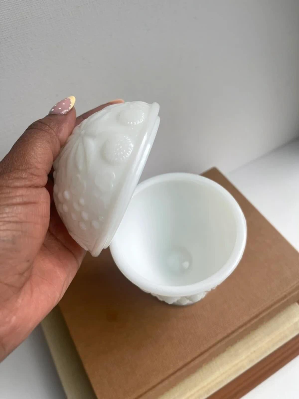 Vintage Avon Milk Glass Trinket Holder, Lidded Embossed Floral jar, White Glass Candy jar