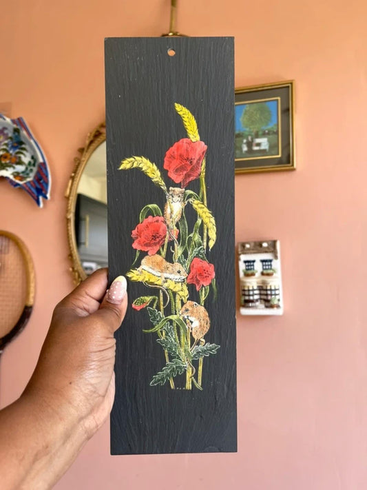 Vintage rectangular black slate wall plaque featuring poppies and field mice, rustic countryside wall art, cottagecore home decor, nature-inspired wildlife artwork for farmhouse, hallway or living room.