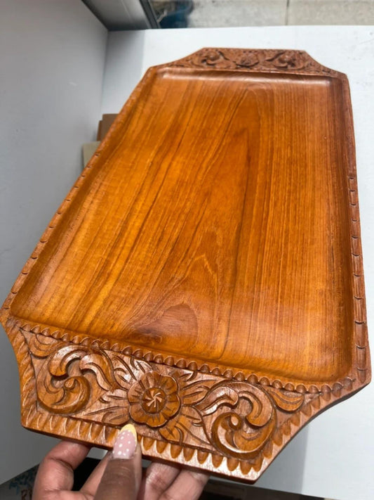 Large vintage carved teak wood serving tray with rectangular design, handcrafted wooden serving platter, mid-century modern home decor, rustic farmhouse kitchen accessory, coffee table styling and entertaining tray.