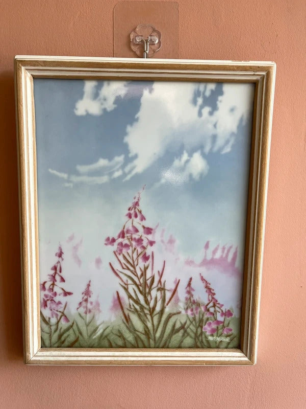 Vintage Porsgrund porcelain art tile by Jan Harr with floral design, Norwegian ceramic wall plaque, Scandinavian home decor, framed botanical artwork, Mid Century Modern wall art and collectible Nordic pottery.